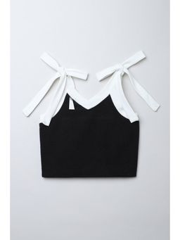 Taffy - Black Knit Contrast Shoulder Tie-Up Detail Crop Top