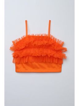 Taffy - Orange Net Knit Sleeveless Ruffle Detail Party Crop Top