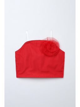 Taffy - Red Net Knit Sleeveless Rose Applique Party Crop Top