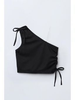 Taffy - Black Knit Sleeveless One Shoulder Ruched Crop Top