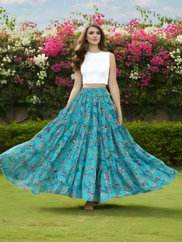 Sera - Women's Blue Printed Flared Trendy Boho Long Skirt