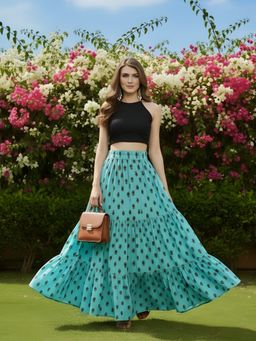Sera - Women's Aqua Blue Printed Flared Stylish Long Skirt