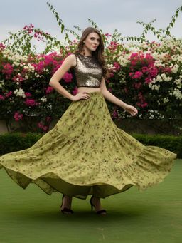 Sera - Women's Olive Green Floral Golden Sequin Long Skirt