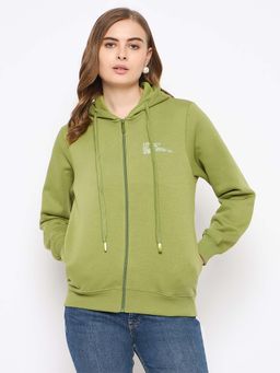 Madame - Fleece Placement Zipped Olive Grab Hooded Sweatshirt