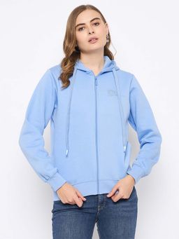 Madame - Fleece Placement Zipped Powder Blue Hooded Sweatshirt