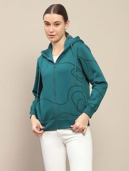 Madame - Printed Zipped Teal Hooded Sweatshirt
