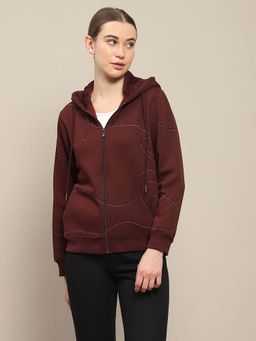 Madame - Printed Zipped Wine Hooded Sweatshirt
