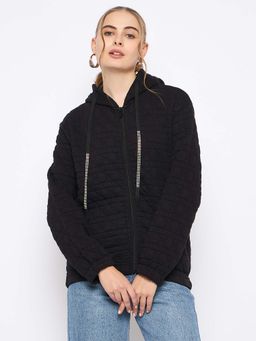 Madame - Knitted Self-Textured Zipped Black Hooded Sweatshirt