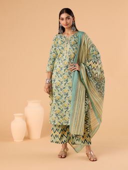 Gahan - Cotton Floral Printed Lace Green Kurta and Pant with Dupatta (Set of 3)