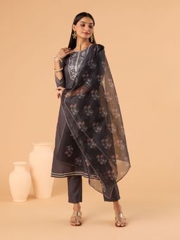 Gahan - Blended Embroidered Gota Grey Kurta and Pant with Organza Dupatta (Set of 3)