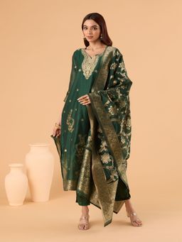 Gahan - Cotton Chanderi Brocade Buta Ethnic Motif Kurta and Pant with Dupatta (Set of 3)