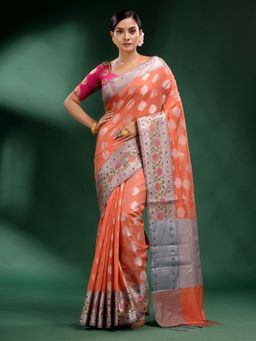 CHARUKRITI - Peach Pure Silk Handwoven Soft Saree with Unstitched Blouse