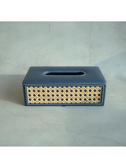 STOR - Steel Blue Pu Leather & Rattan Rectangular Tissue Box