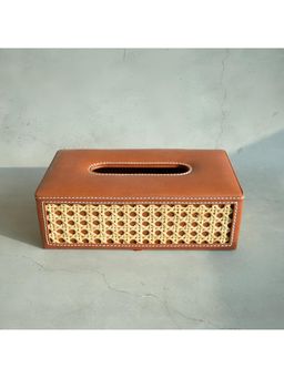 STOR - Tan Brown Pu Leather & Rattan Rectangular Tissue Box