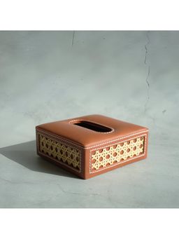 STOR - Tan Brown Pu Leather & Rattan Square Tissue Box