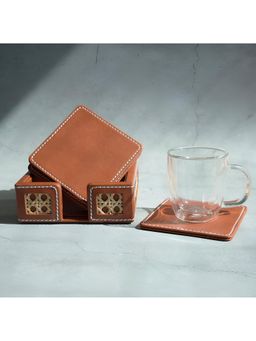 STOR - Tan Brown Pu Leather & Rattan Coasters (Pack of 6)