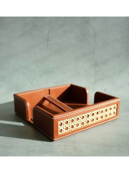 STOR - Tan Brown Pu Leather & Rattan Tissue Holder With Weighted Bar