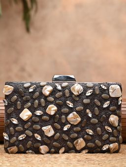 ROCIA - Grey Women Mother Of Pearl Hand Embroidered Clutch with Detachable Chain