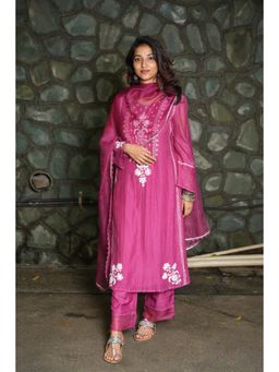 PANTS AND PAJAMAS - Berry Chikan Embroidered Kurta (Set of 3)