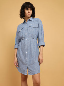 Wrangler - Women Striped Blue Classic Regular Fit Dress with Belt (Set of 2)