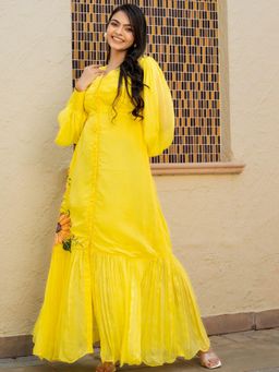 HOUSE OF JAMOTI - Yellow Embroidered VNeck Dress