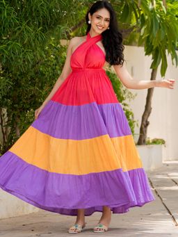 HOUSE OF JAMOTI - MultiColor Colorblock Halter Neck Dress