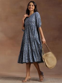 Libas - Blue Printed Round Neck Dress