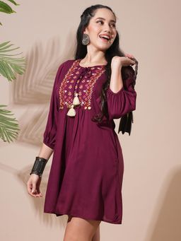 Globus - Burgundy Embroidered Round Neck Dress