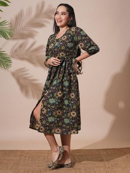 Globus - Black Floral Round Neck Dress with Belt (Set of 2)