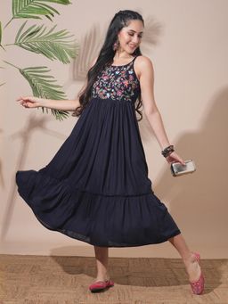 Globus - Blue Embroidered Shoulder Straps Dress