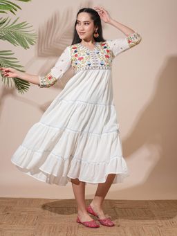 Globus - White Embroidered V-Neck Dress