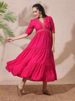 Globus - Pink Embroidered V-Neck Dress