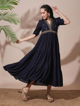 Globus - Blue Embroidered V-Neck Dress