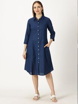 Saffron Threads - Navy Blue Printed Collar Neck Dress