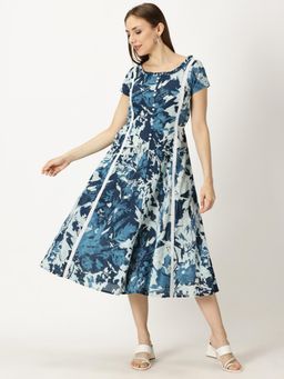 Saffron Threads - Blue Printed Round Neck Dress