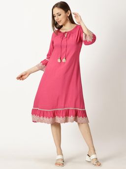 Saffron Threads - Pink Embroidered Tie Up Neck Dress