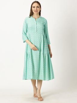Saffron Threads - Green Printed Mandarin Neck Dress
