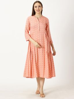 Saffron Threads - Peach Printed Mandarin Neck Dress