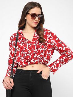 R&B - Red Polyester Floral Crop Shirt