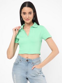 R&B - Green Cotton Solid Crop Shirt