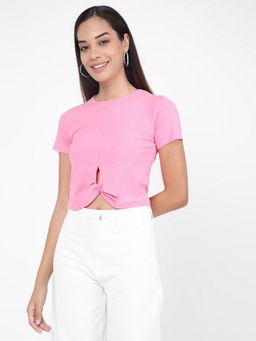 R&B - Women Pink Polyester Textured Crop Top