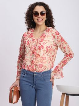 R&B - Cream Polyester Floral Top