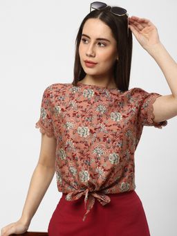 R&B - Peach Polyester Blend Floral Top