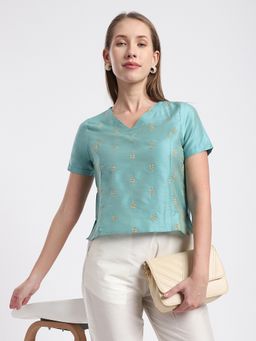 R&B - Blue Polyester Blend Embroidered Top