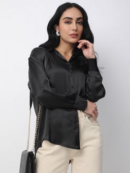 R&B - Black Polyester Solid Shirt