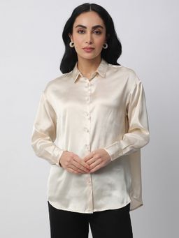 R&B - Beige Polyester Solid Shirt