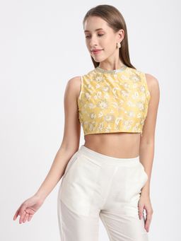 R&B - Mustard Chanderi Floral Crop Top