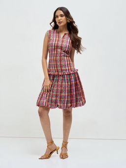 KAMLIE - Red Madras Checks Bubble Hem Mini Dress