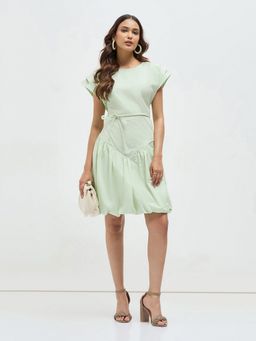 KAMLIE - Green Solid Bubble Hem Mini Dress with Belt
