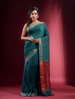 CHARUKRITI - Teal with Ethnic Motif and Zari Design Saree with Unstitched Blouse